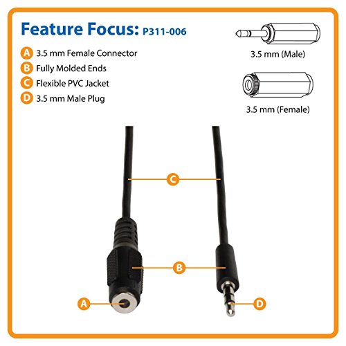 Tripp Lite 3.5mm Mini Stereo Audio Extension Cable for Speakers and Headphones (M/F), 6-ft.(P311-006) Black (Pack of 2) - size: 1 Count (Pack of 2)