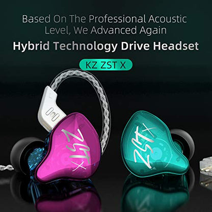 KZ ZST X Hybrid in-Ear Earphones, Cyan | HiFi Musician Monitor Earbuds, Detachable 2-Pin Cable, 10mm DD+BA, Noise-Isolating, In-Ear Headphones, Gaming IEM - color: Cyan, size: Without Mic