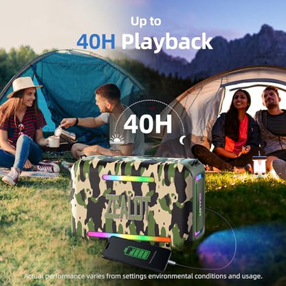 ZEALOT 120W RMS/150W Peak Bluetooth Speaker, Portable Wireless Speakers IPX6 Waterproof Bluetooth Subwoofer Speaker with LED Light, 40H Playtime, Custom EQ, Stereo TWS Pairing for Outdoor, Party-Camo - color: Camouflage