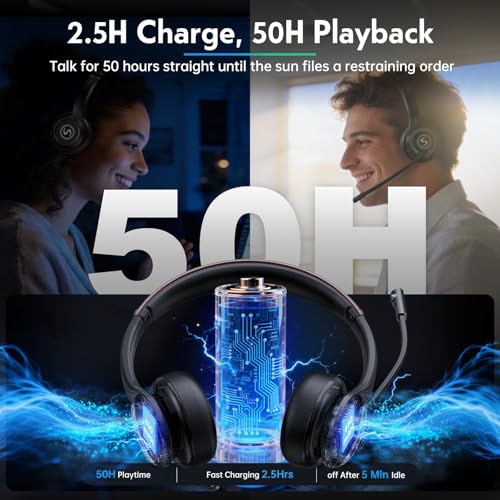 Wireless Headset with Mic for Work, Dual-Mode Headphones 50H Talk | ENC Noise-canceling Microphone, Bluetooth& 2.4GHz Dongle, Clear Calls & Mic Mute, for Laptop, PC, Phone, Office, Call Center - color: Black