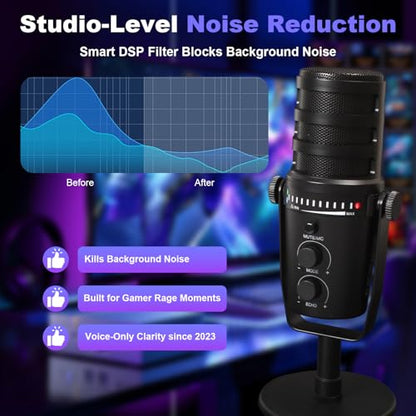 Professional Dynamic USB Microphone for Streaming Podcast Recording Gaming, with Broadcast Sound, Noise Reduction, USB-C/XLR Dual Output, Cardioid Pattern, Plug & Play for PC/Computer/Laptop