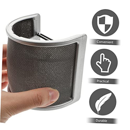 Microphone Pop Filter Silver Metal Mesh Screen for Singing Use | Elastic Band and Inner Rubber Ring, Layered Plastic Cotton Metal Build, Easy to Assemble, Suited to Speech