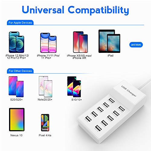USB Charger Station Block 10-Port USB-A Power Strip Plug for Multi Devices - color: White-10*USB-A Ports