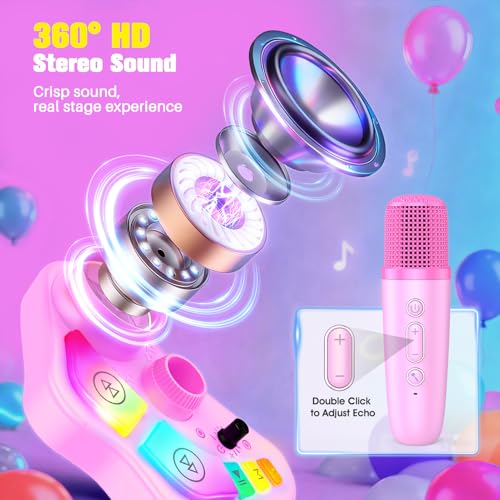 Kids Stand Karaoke Machine Toys for 3 4 5 6 7 8 Year Old Girls Gift, Kid Rechargeable Microphone Toddler Birthday Gift Singing Toy for Girl Ages 3-5 4-6, Portable Bluetooth Speaker with 2 Mics - color: Pink