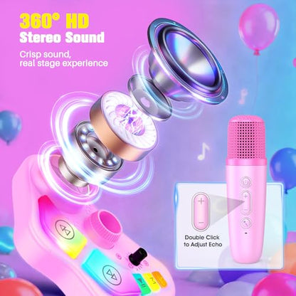 Kids Stand Karaoke Machine Toys for 3 4 5 6 7 8 Year Old Girls Gift, Kid Rechargeable Microphone Toddler Birthday Gift Singing Toy for Girl Ages 3-5 4-6, Portable Bluetooth Speaker with 2 Mics - color: Pink