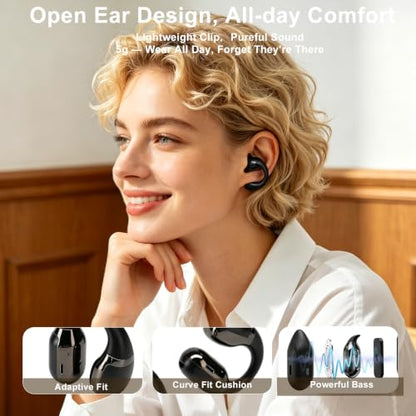 Open Ear Clip-On Earbuds, Bluetooth 5.4 Wireless Headphones IP65 Waterproof Lightweight 16H Playtime Touch Control Earphones Comfort Design for Small Ears&Glasses - color: Black