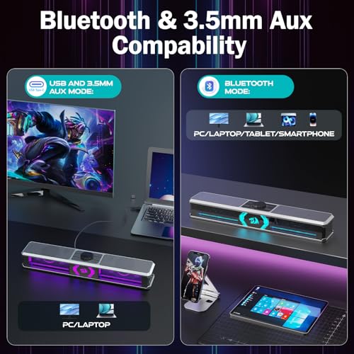 Redragon Computer Speakers, PC Speakers Stereo Desktop Sound-bar for Computer, Desktop, Laptop, Monitor, PC, Pad, Cellphone, Bluetooth & USB Input, GS524