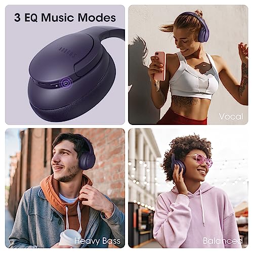 DOQAUS Bluetooth Headphones Over Ear, Headphones Wireless with 90H Playtime | 3 EQ Mode, Bluetooth 5.3 Wireless Headphones with Hifi Stereo Sound, ENC Mic, Foldable for Travel Work Study Phone PC, Purple - color: Purple