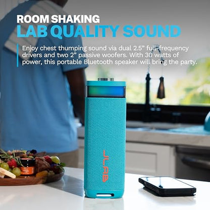 JLab, JBuds Party, Portable Bluetooth Speaker, Waterproof Outdoor Speaker, RGB Lighting, Multi-Speaker Connect, Cyan - color: Cyan
