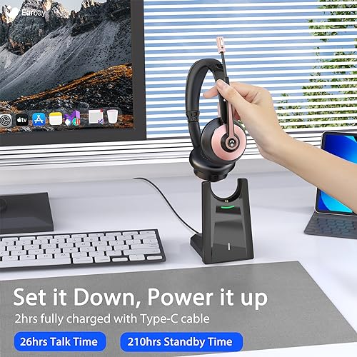 Wireless Headset, Bluetooth Headset with Microphone Noise Canceling & USB Dongle, Wireless Headphones with Mic Mute & Charging Dock for PC Computer Cell Phone Remote Work Office Zoom Meetings Call