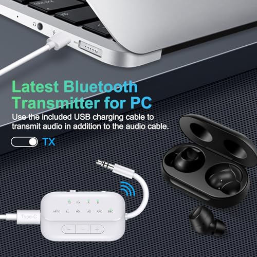 Bluetooth Transmitter Receiver, 2-in-1 V5.3 Wireless Adapter for Airplane, TV, PC, Gym, Switch. Supports up to 2 AirPods/Headphones. Audio Receiver for Car/Home Stereo,with AptX Low Latency & HD - color: White