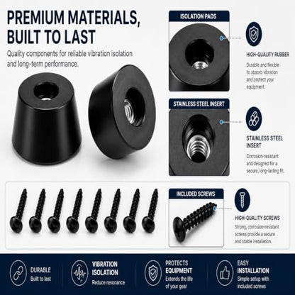 Speaker Isolation Pads 8-Pack | Anti-Vibration Rubber Feet with Screws | Reduce Resonance & Protect Furniture | for Studio Monitors, Turntables, Guitar Amps, Speakers, Amplifiers