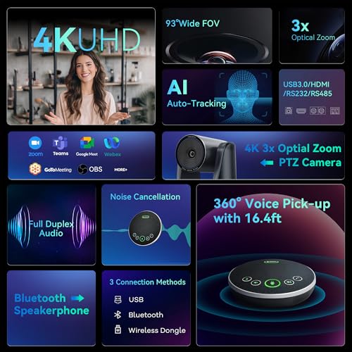 TONGVEO 4K Conference PTZ Camera 3X Zoom & Bluetooth Speakerphone System | 4K UHD 3X Optical Zoom, 93° FoV, USB3.0 HDMI PTZ Camera, Wireless Bluetooth Speakerphone, Zoom & Teams Compatible - color: Space