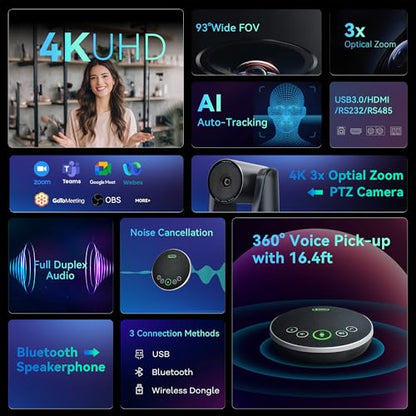 TONGVEO 4K Conference PTZ Camera 3X Zoom & Bluetooth Speakerphone System | 4K UHD 3X Optical Zoom, 93° FoV, USB3.0 HDMI PTZ Camera, Wireless Bluetooth Speakerphone, Zoom & Teams Compatible - color: Space