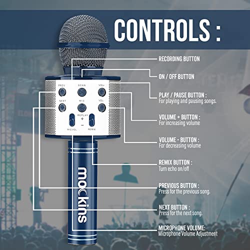 Mockins Navy Bluetooth Karaoke Microphone for Kids with Built in Bluetooth Speaker| Wireless Microphone Karaoke Compatible with iOS & Android| All-in-One Mic - color: Navy