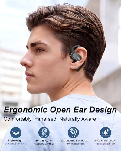 Open Ear Earbuds,Lightweight Comfort Wireless Earbuds with Earhooks,40H Playtime Powerful Sound AI Clear Calls Sport Bluetooth Earbuds Waterproof for Running Office Fitness(Black) - color: Black