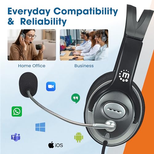 MANHATTAN Wired Stereo Headset with Mic, 3.5 mm Plug, 8 ft Cable | Over-ear fit with padded earcups, adjustable band and boom, pop-noise reduction, 32-ohm audio for calls and gaming