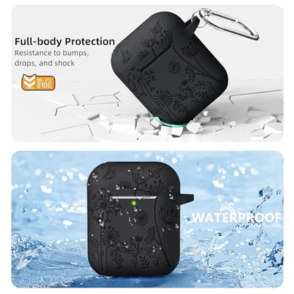 Lerobo for AirPod Case 2nd/1st Generation with Keychain | Flower Engraved Soft Silicone Cover for AirPods 2 Case, Wireless Charging, Scratchproof, One-piece Design, Black - color: Black