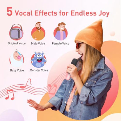 Mini Karaoke Machine for Kids Girls Boys - Birthday Gifts for Ages 4 5 6 7 8+ Year Old - Portable Bluetooth Speaker with 2 Wireless Microphone - Pink
