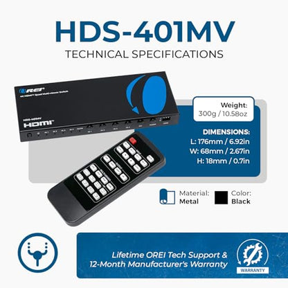 OREI 4x1 Multiviewer Switch - 4K@30hz, Audio Extract, RS-232, IR, PIP, EDID | HDMI Multiviewer, HDMI Switcher 4 in 1 Out – 10.2Gbps, 7 Display Modes, Auto Switching, Seamless Switching, HDCP 1.4 - style: 4x1 Multiviewer - 4K@30Hz with VGA