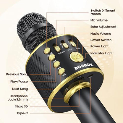 BONAOK Wireless Bluetooth Karaoke Microphone, 3-in-1 Portable Handheld Mic Speaker Machine for All Smartphones, Gifts to Girls Boys Kids Adults All Age Q37(Black Gold) - color: Black Gold