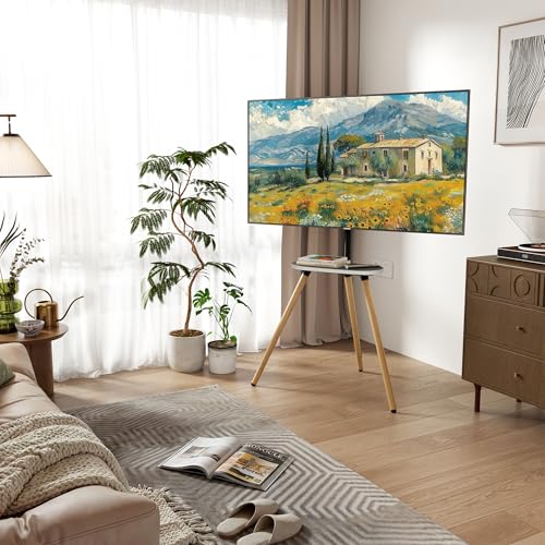 Tripod TV Stand for 43-65" TVs, Swivel, White | Height-adjustable easel TV stand, wood media shelf, cable management and VESA up to 400x400 - color: White, size: 43–65 Inch TVs