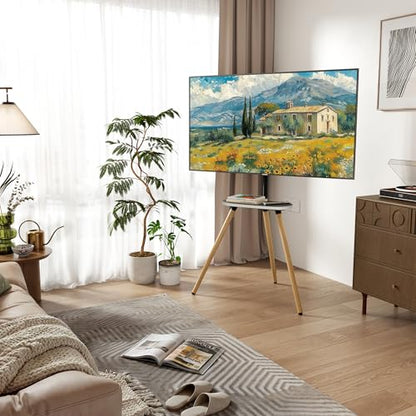 Tripod TV Stand for 43-65" TVs, Swivel, White | Height-adjustable easel TV stand, wood media shelf, cable management and VESA up to 400x400 - color: White, size: 43–65 Inch TVs