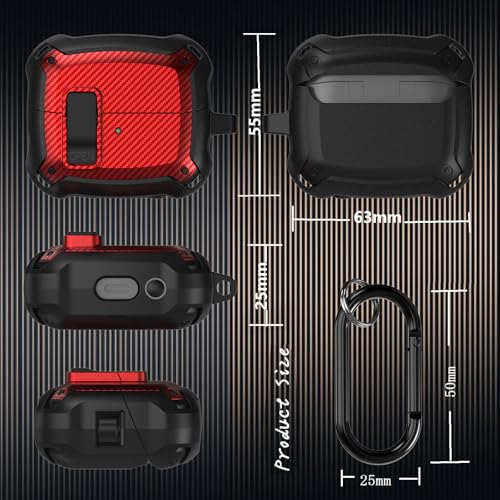 Compatible Samsung Galaxy Buds 3 Pro Case/Bud 3 Cover Clip with Cleaner Kit, Military Shell Protective Armor Case Cover with Lock & Carabiner for Galaxy Buds 3/3 Pro 2024 Men Women Black Red - color: Black-Red