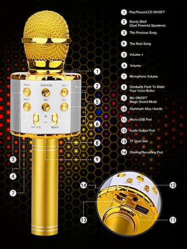 BlueFire 4 in 1 Karaoke Wireless Microphone with LED Lights, Portable Microphone for Kids, Great Gifts Toys for Kids, Girls, Boys and Adults (Gold) - color: gold