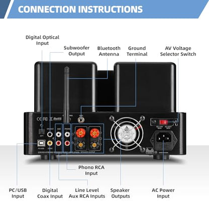 Tube Amplifier, Stereo Vacuum Tube Class A/B Amplifier,Integrated Amplifier with Bluetooth 5.0,Subwoofer Output, Headphone Output, Record Player Phono Preamp and USB DAC