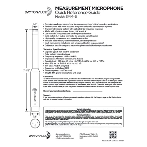Dayton Audio EMM-6 Precision Omnidirectional Electret Condenser Microphone for Room Acoustic Analyzers and Audio Measurement Systems, Calibration Data File with Response Graph Included
