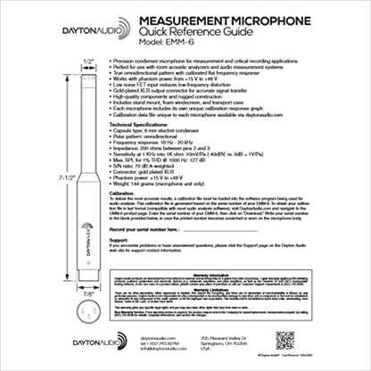 Dayton Audio EMM-6 Precision Omnidirectional Electret Condenser Microphone for Room Acoustic Analyzers and Audio Measurement Systems, Calibration Data File with Response Graph Included