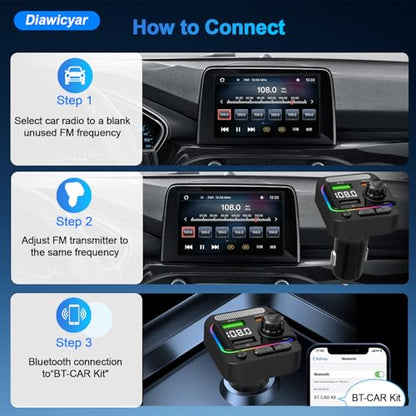 63W FM Transmitter Bluetooth Car Adapter, Wireless FM Bluetooth Transmitter | [PD 45W & QC3.0] Fast Charge, Deep Bass Player, Hands-Free Calling, Black - color: Black