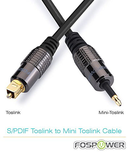 FosPower 24K Gold Plated Toslink to Mini Toslink Digital Fiber Optical S/PDIF Audio Cable with Metal Connectors & Strain-Relief PVC Jacket - 6ft | High-fidelity digital S/PDIF optical Toslink to Mini Toslink cable featuring 24K gold-plated connectors & PV