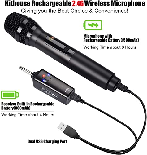 Wireless Microphone, K380S Dual Cordless Metal Dynamic Mic System with Rechargeable Receiver, for Karaoke Singing, Wedding, Party, Speech, Church, Meeting