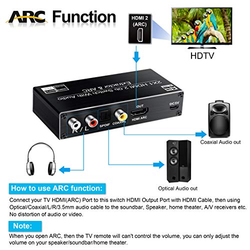 avedio links HDMI Switch Audio Extractor, HDMI Switch Splitter 2 Inputs 1 Output with Remote 4K@60hz, 2-Port HDMI2.0b Switcher Box with Optical Toslink SPDIF+Coaxial+Analog RCA Stereo Audio Out