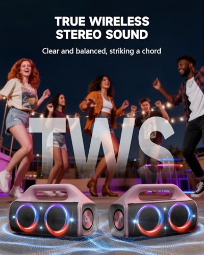IP67 Waterproof Bluetooth Speaker:80W(Peak) Loud Outdoor Portable Wireless Party Speakers with LED Lights,20H Playtime,Bluetooth 5.3,Deep Bass & TWS for Pool,Beach (Pink) - color: Pink + Gray