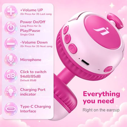 B8 Kids Bluetooth Headphones, Over-Ear Wireless Headphones with Mic, Bluetooth 5.4, 85/94dB Safe Volume Limit, 80H Playtime, USB-C, Foldable Headphones for Kids, School, Travel, Tablet, iPad