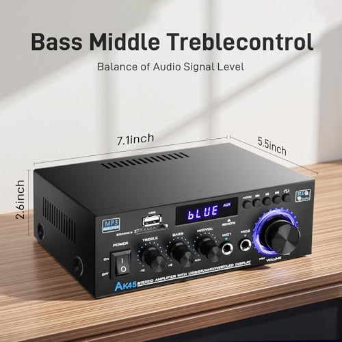 AK45 Stereo Home Audio Amplifier with 5.0 Bluetooth Receiver, 300W+300W Bluetooth HiFi AMP Power Amplifier 2.0 Channel RMS 40W x 2 Home Stereo System Remote Control Amp W/MIC,USB, RCA,FM Radio