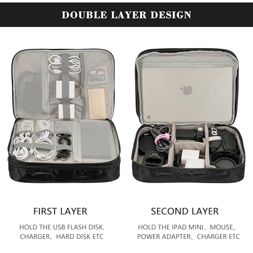 Electronics Accessories Organizer Bag, Waterproof Double LayerTravel Cable Organizer Case for Cords, Charger, Power Bank,Hard Drive, Mouse -Shockproof Tech Storage Pouch (Classic-two layers-Black) - style: Classic-two Layers-black