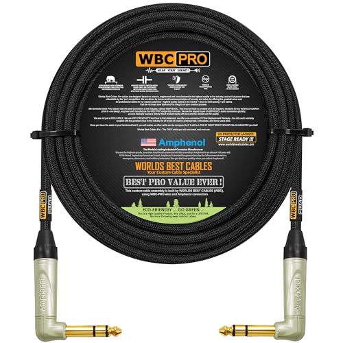 20 Foot - WBC-PRO-Quad Ultra-Silent Ultra-Flexible Balanced Star-Quad Cable with Amphenol QS3R-AU ¼ Inch (6.35mm) Gold Right-Angled TRS Stereo Phone Plugs & Black Tweed Jacket - size: 20 FT, style: 1 Cable