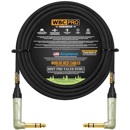 20 Foot - WBC-PRO-Quad Ultra-Silent Ultra-Flexible Balanced Star-Quad Cable with Amphenol QS3R-AU ¼ Inch (6.35mm) Gold Right-Angled TRS Stereo Phone Plugs & Black Tweed Jacket - size: 20 FT, style: 1 Cable