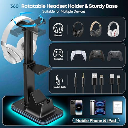 Gaming Headset & Controller Stand, Rotating Headphone Storage with 2 Controllers & Phone Holder, 9 RGB Modes Game Desk Storage for PS5/PS4/XBOX PC Gamer Essentials Organizer Gift Accessories - size: M-Black-RGB