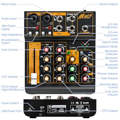 Mini Audio Mixer, Portable Mini4 DJ Board Mixer with USB Bluetooth, 4 Channel Sound Mixing Board for Wedding Party Podcast Live Performance Event
