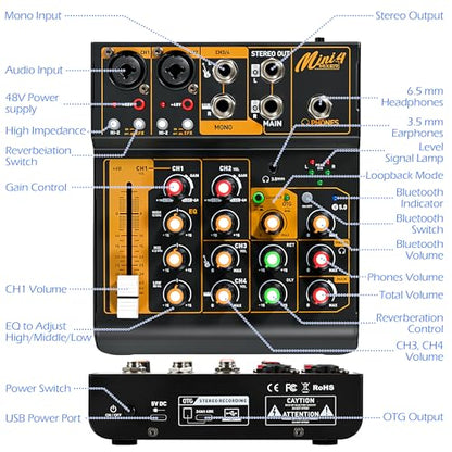 Mini Audio Mixer, Portable Mini4 DJ Board Mixer with USB Bluetooth, 4 Channel Sound Mixing Board for Wedding Party Podcast Live Performance Event