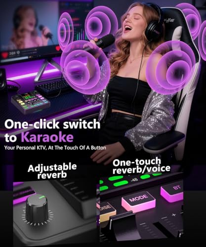 PUPGSIS Gaming Audio Mixer, Audio Interface for pc,1/4" TRS Dynamic Mic interface,Sound Board With voice changer, Pro-Preamp, Noise Cancellation, RGB, Bluetooth For Streaming/Podcasting/Gaming - color: Black