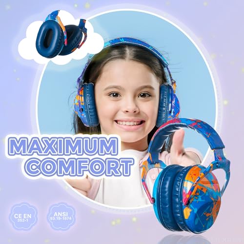Kids Ear Protection Safety Ear Muffs, NRR 25dB Noise Reduction Children Earmuffs, Hearing Protectors for Sleeping, Studying, Airplane, Concerts, Fireworks-Blue Painting with Blue Band - color: Blue Band Blue Painting