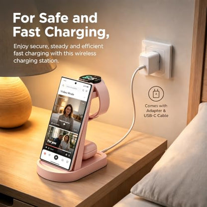 Wireless Charging Station for Samsung/Android, Fast Wireless Watch Charger Station Compatible for Samsung Galaxy S26 Ultra/S25/S24+/Z Flip 7/6 Fold 7/6, Watch8/7/Pro/Active 2 Galaxy Buds3/2 Pro(Pink) - color: Pink