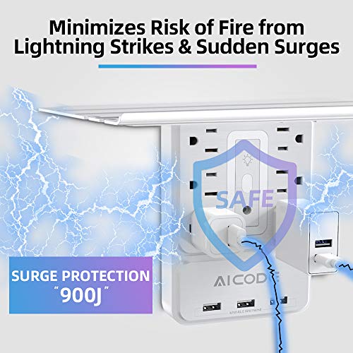 AICODE USB Outlet Extender with Shelf, RGB Night Light, 6 Outlets, White | 9-in-1 Surge Protector, 3 USB Ports (3.2A), 900J, 1875W, Compact Wall Plug Adapter for Home Kitchen Dorm