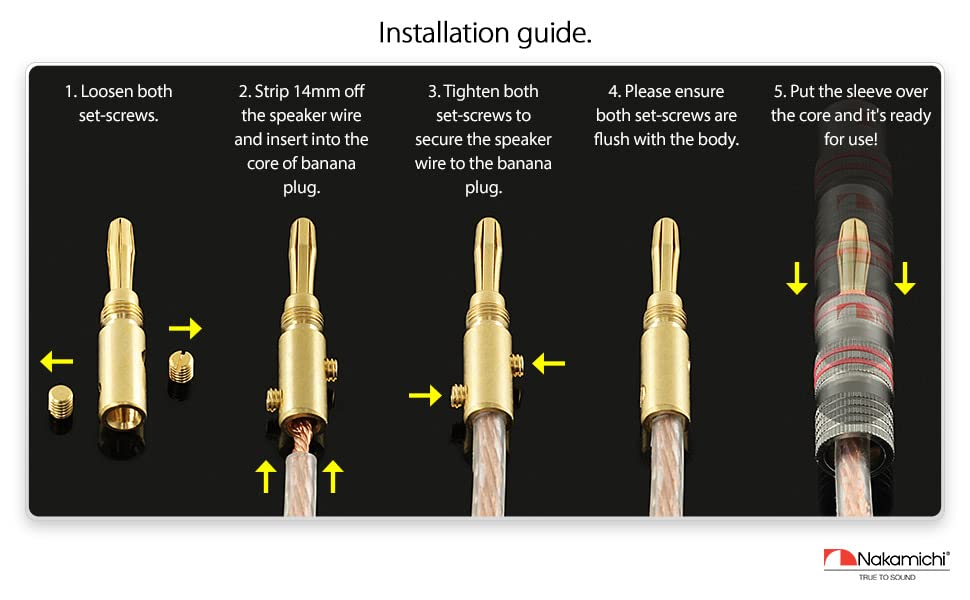 Nakamichi Ultimate Series 24K Gold Plated Beryllium Red Copper Banana Plug 12-18 AWG Gauge Size 4mm Connector for Speakers Wire Amplifiers Hi-Fi Sound Systems (12 Pcs (6-Pairs), Banana Plugs) - size: 12 Pcs (6-Pairs)